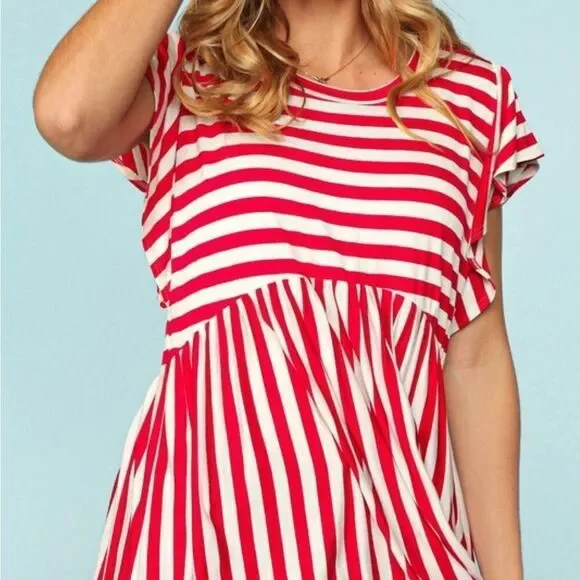 NEW! Red & Ivory Striped Babydoll Top - Picture 2 of 5
